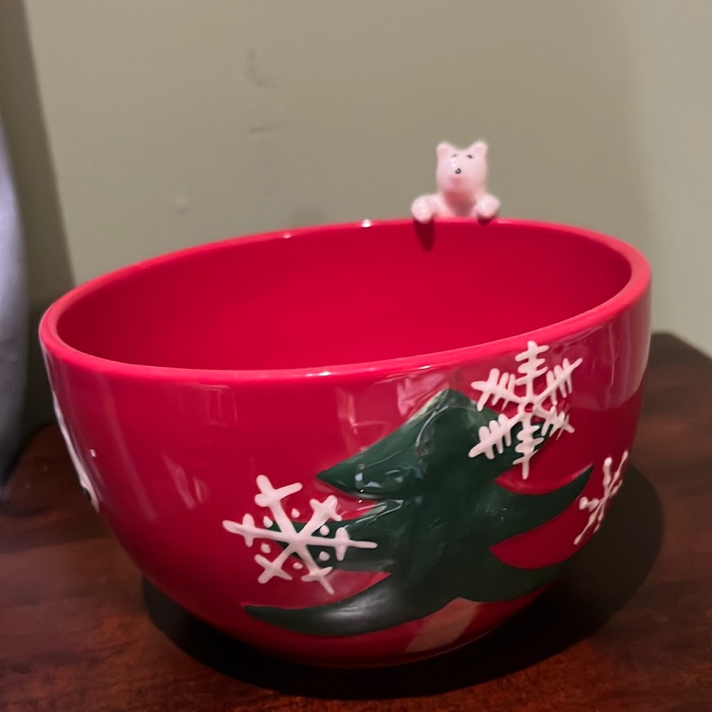 222 Fifth ARCTIC HOLIDAY Bowl, Tree, Snowflakes, Figural Bear Peeking over Rim
